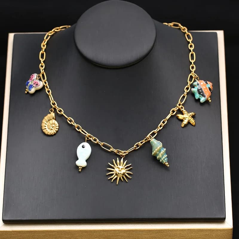 Gold Starfish Shell Sun Pendant Necklace
