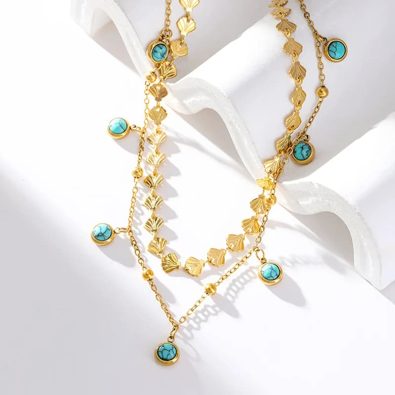 Stainless Steel Artificial Turquoise Double Layer Necklace