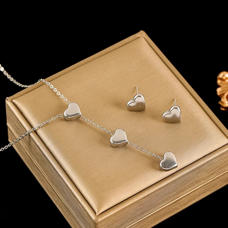 Glossy Heart Necklace and Earrings Set, Silver