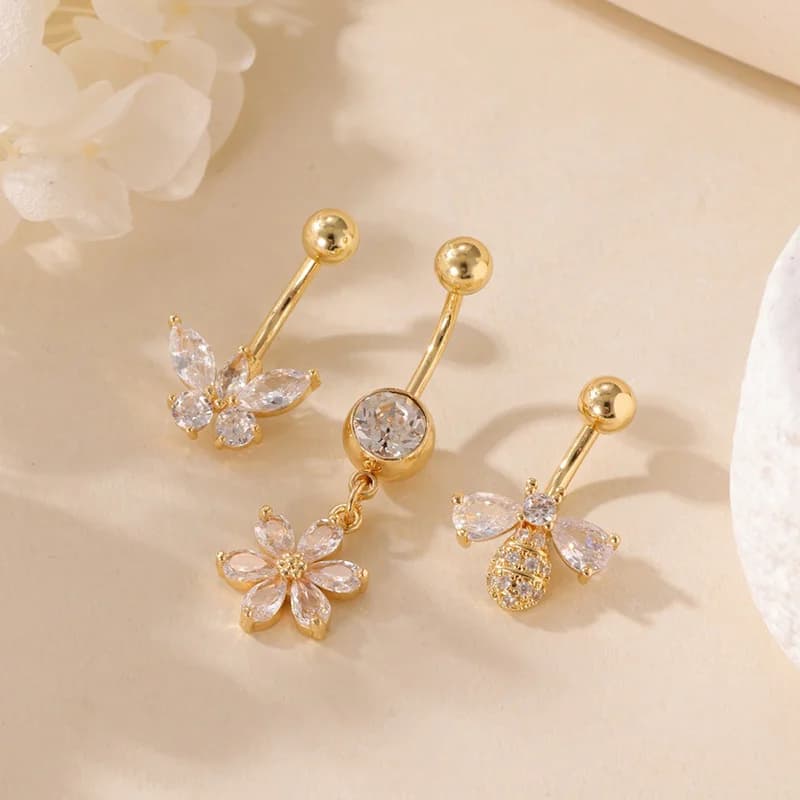 3Pcs Starfish Octopus Belly Button Rings, White Zircon