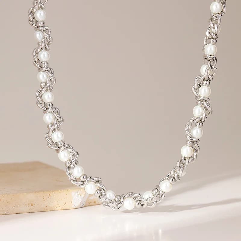 Gümüş Renkli İnci Zincir Choker Kolye