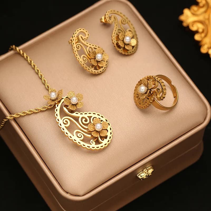 Vintage Damla Pearl Kolye, Küpe ve Yüzük Seti