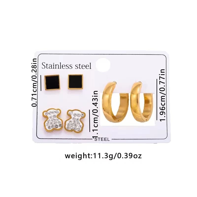 3-Pair Bear and Square Hoop Stud Earring Set
