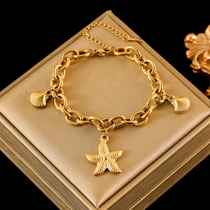 Starfish and Shell Charm Stainless Steel Bracelet