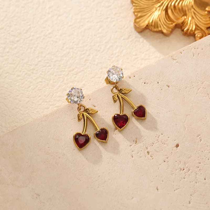 Cherry Zircon Stud Earrings, Waterproof Stainless Steel