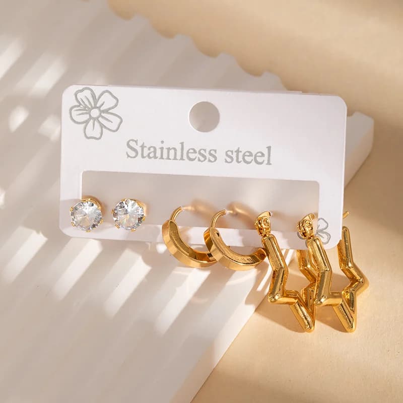 3-Pair Gold Color Round Hoop Earrings Set