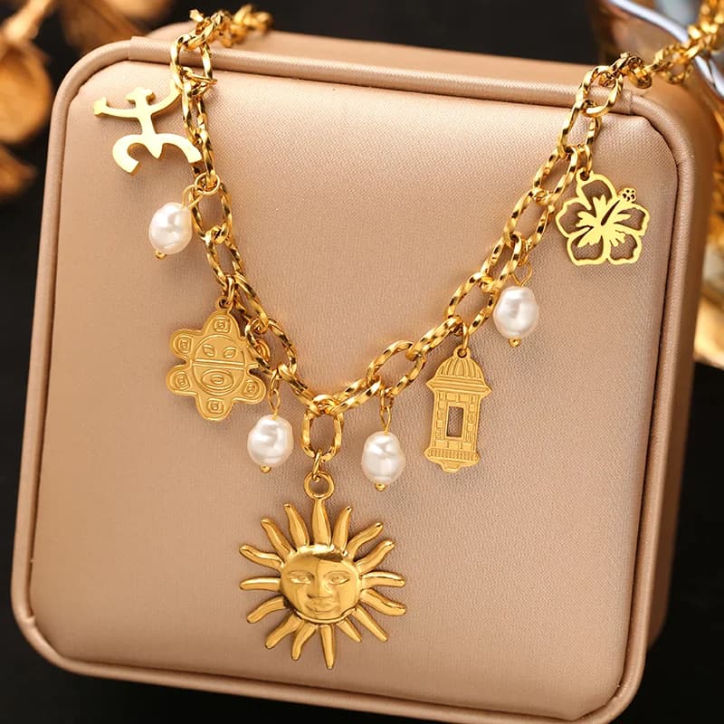 Multiple Charms Pendant Necklace, 18K Gold PVD