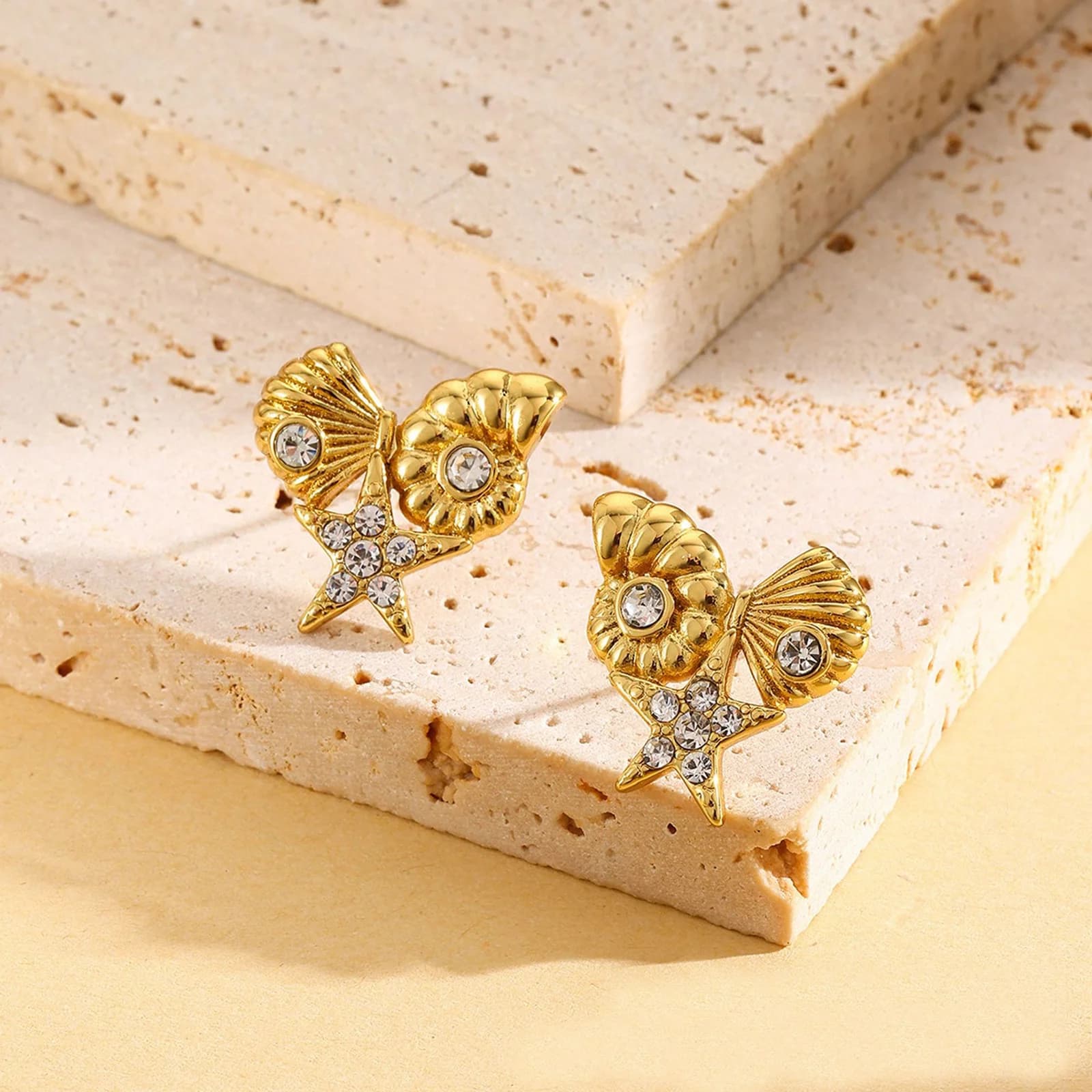 Stainless Steel Starfish Shell Zircon Stud Earrings