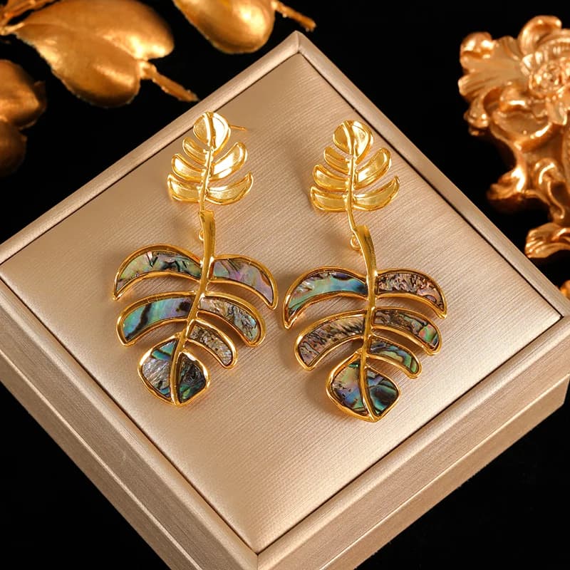Metal Leaf Tassel Drop Earrings, 18K PVD Plated