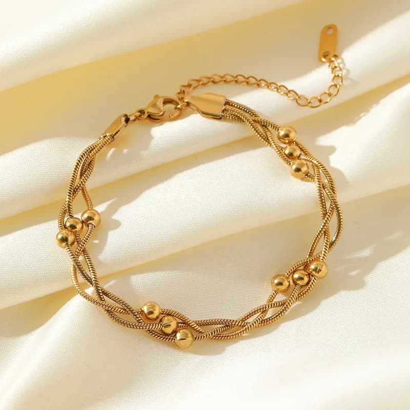 Beaded Wound Chain Bracelet, Gold Plated