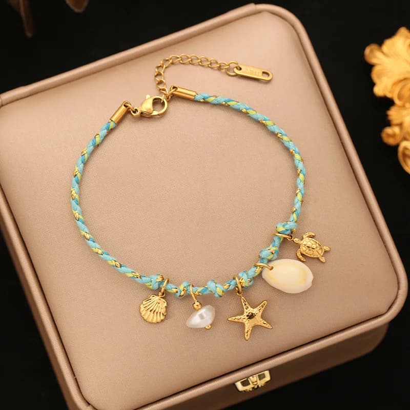 Starfish and Shell Charm Bracelet with Cord Chain