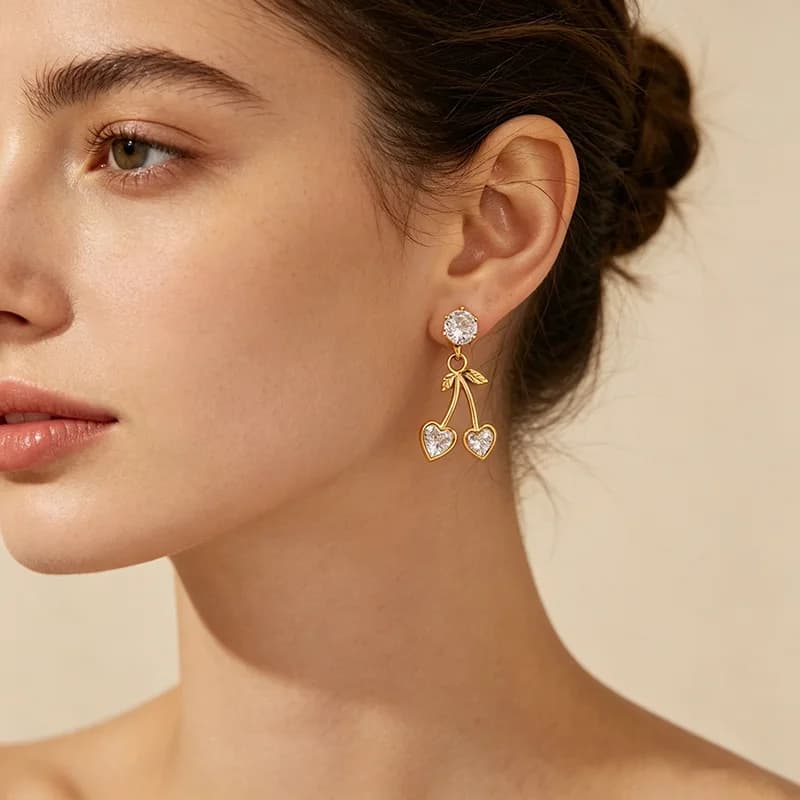 Cherry Zircon Stud Earrings, Waterproof Stainless Steel