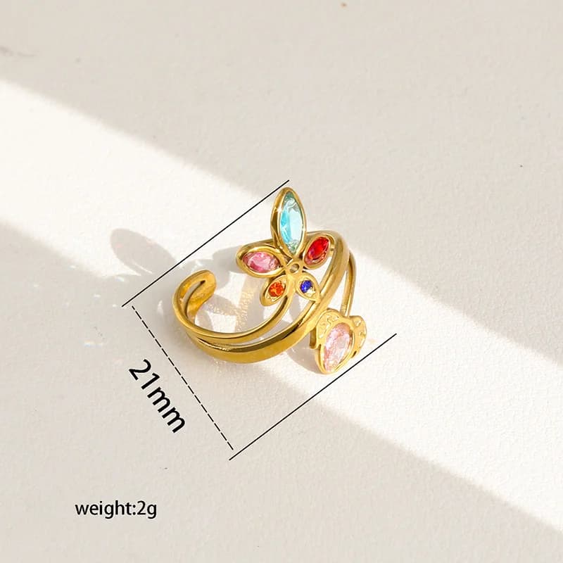 Stainless Steel Sparkling Zirconia Leaf Adjustable Ring