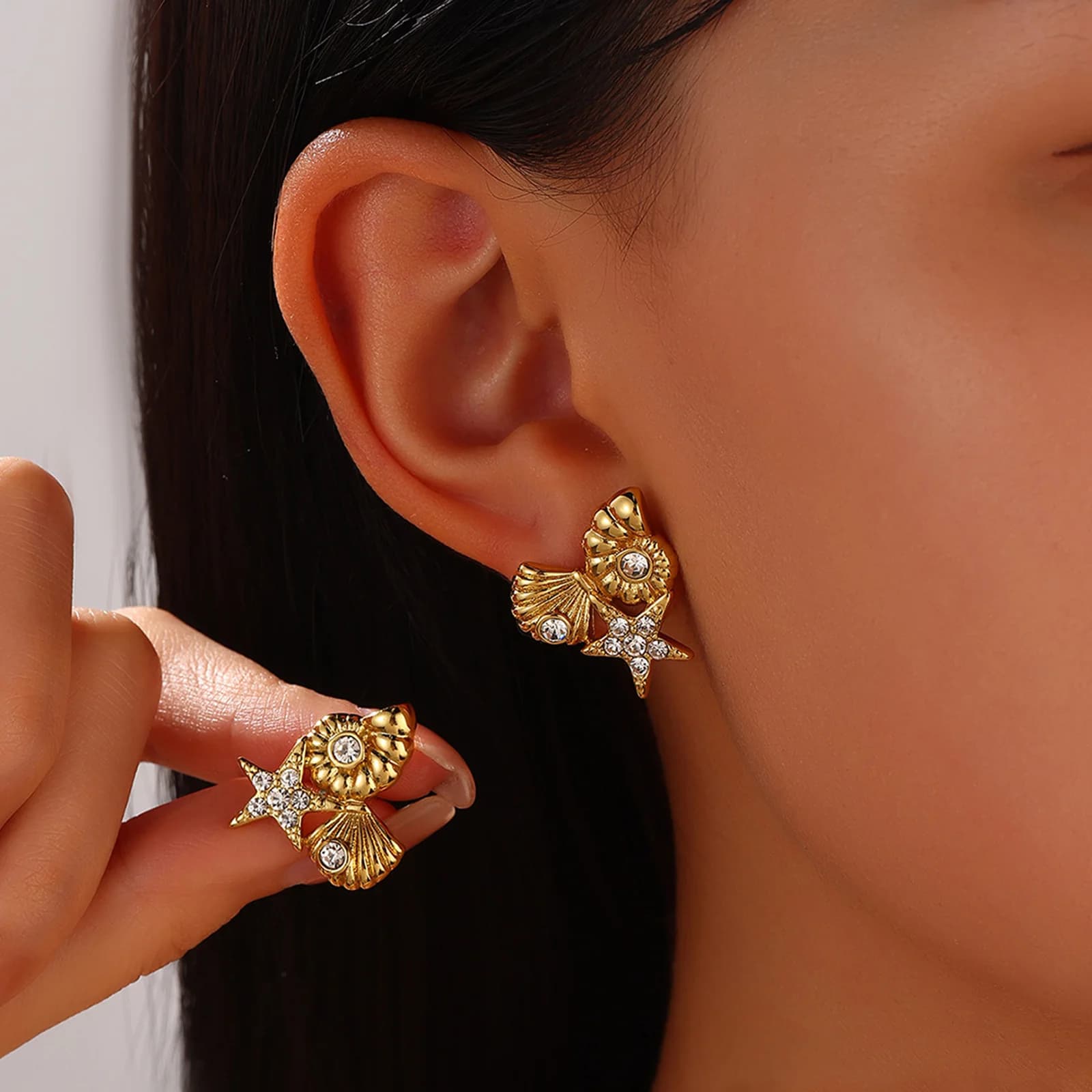 Pearl Conch Pendant Stud Earrings, 18K Gold Plated