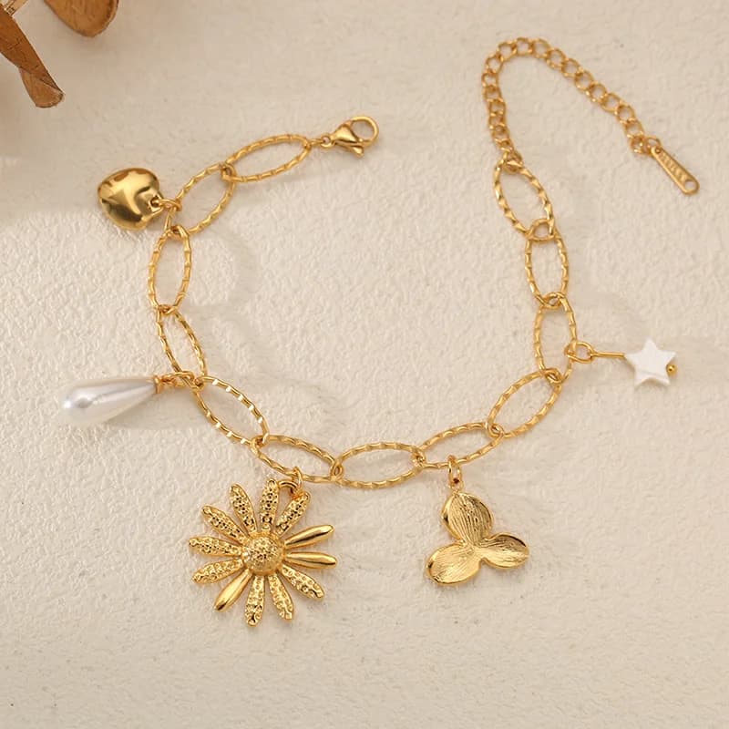 Çiçek İnci Charm Herisbone Bileklik, 18K Altın