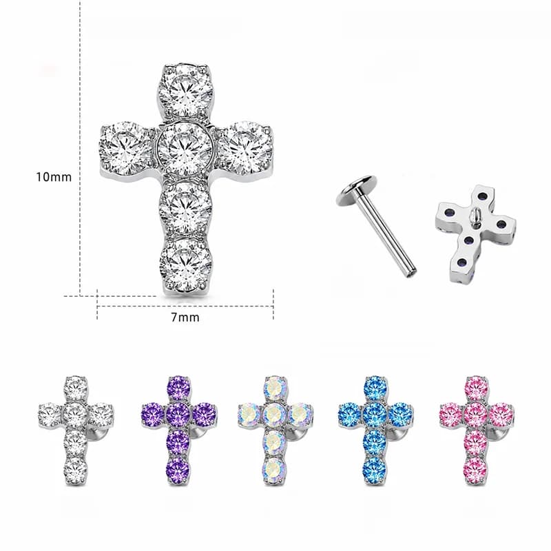 Titanyum Spiral Haç Zirkon Body Piercing