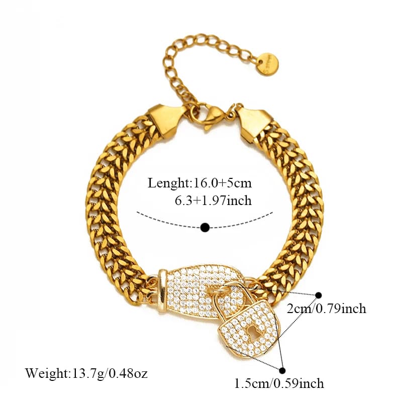 Stainless Steel Rhinestone Lock Charm Bracelet