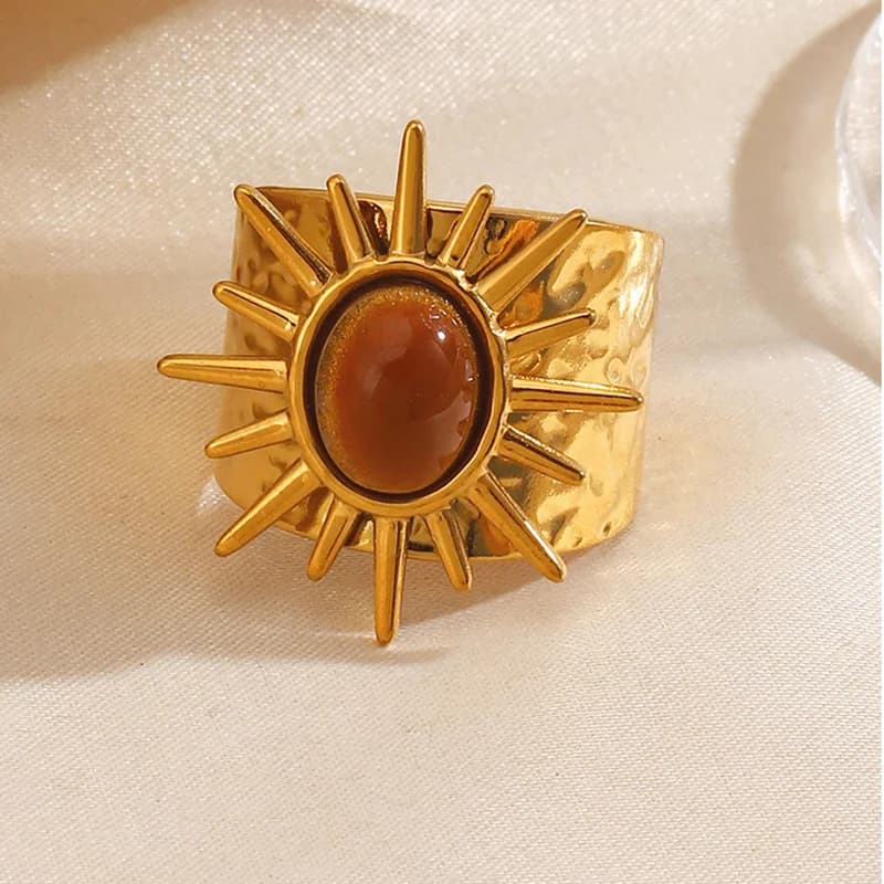 Vintage Sun Oval Stone Adjustable Ring in Stainless Steel
