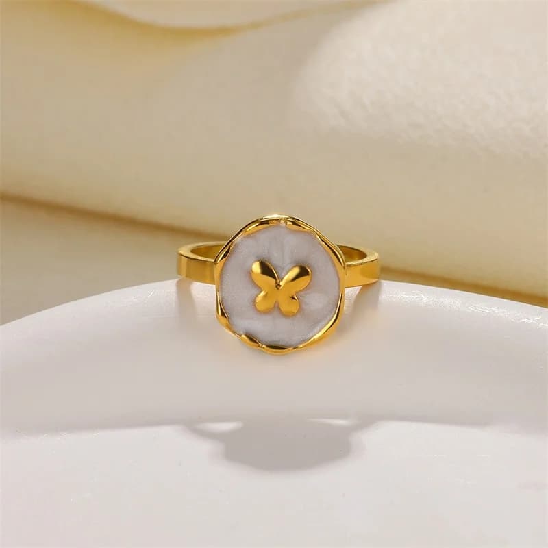 Enamel Starfish and Shell Adjustable Ring, Stainless Steel