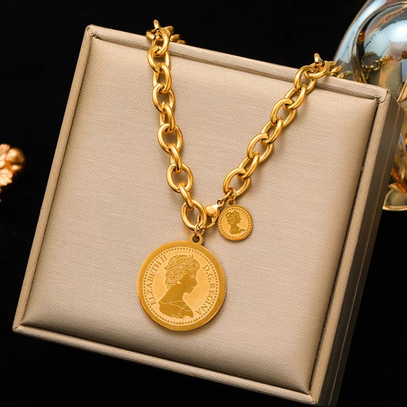 Portrait Coin Pendant Necklace, Silver Tone