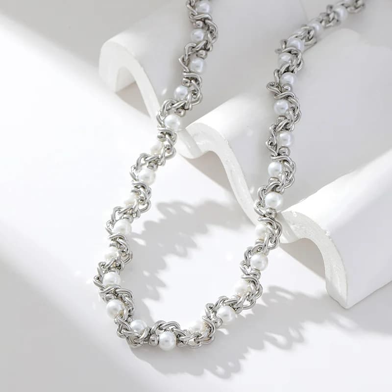 Gümüş Renkli İnci Zincir Choker Kolye