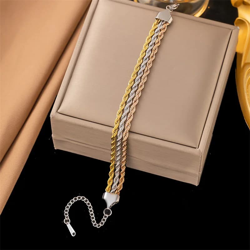 Stainless Steel Three-Layer Crossed Chain Bangle