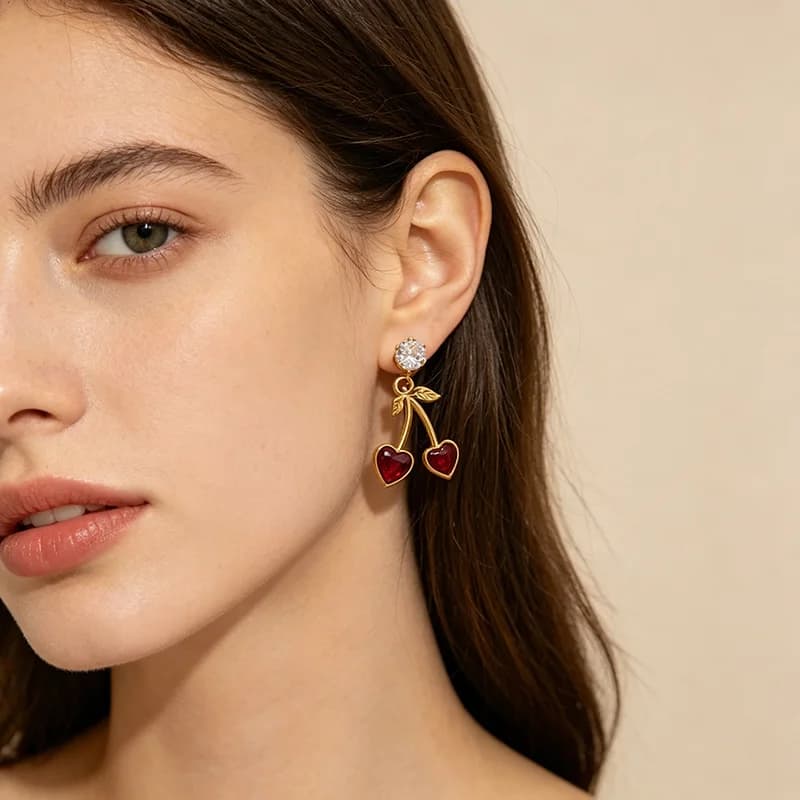 Cherry Zircon Stud Earrings, Waterproof Stainless Steel