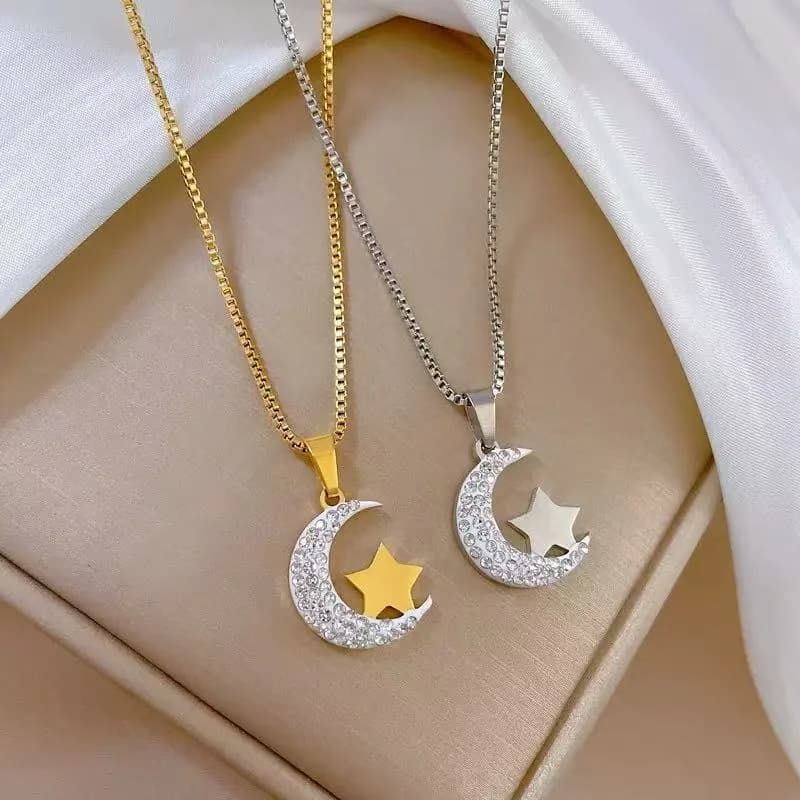 Moon Star Pendant Dangle Necklace, Stainless Steel
