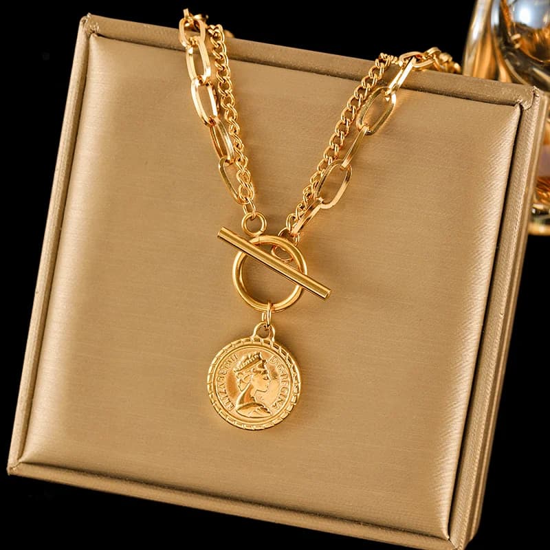 Portrait Coin Pendant Necklace, Silver Tone