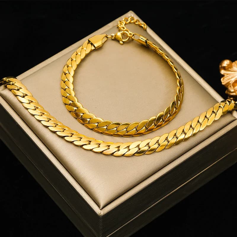 Gold Flat Wide Chain Necklace and Bracelet Set
